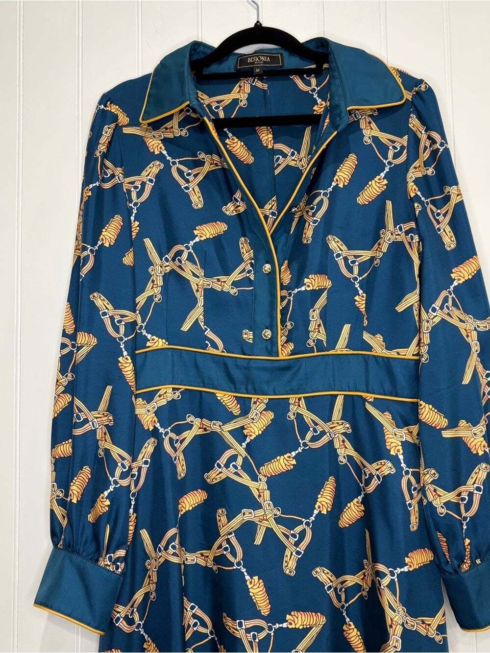 Besionia Milano 100%Mulberry Silk Bridle Print Equestrian Midi Dress Old Money M - Picture 4 of 11